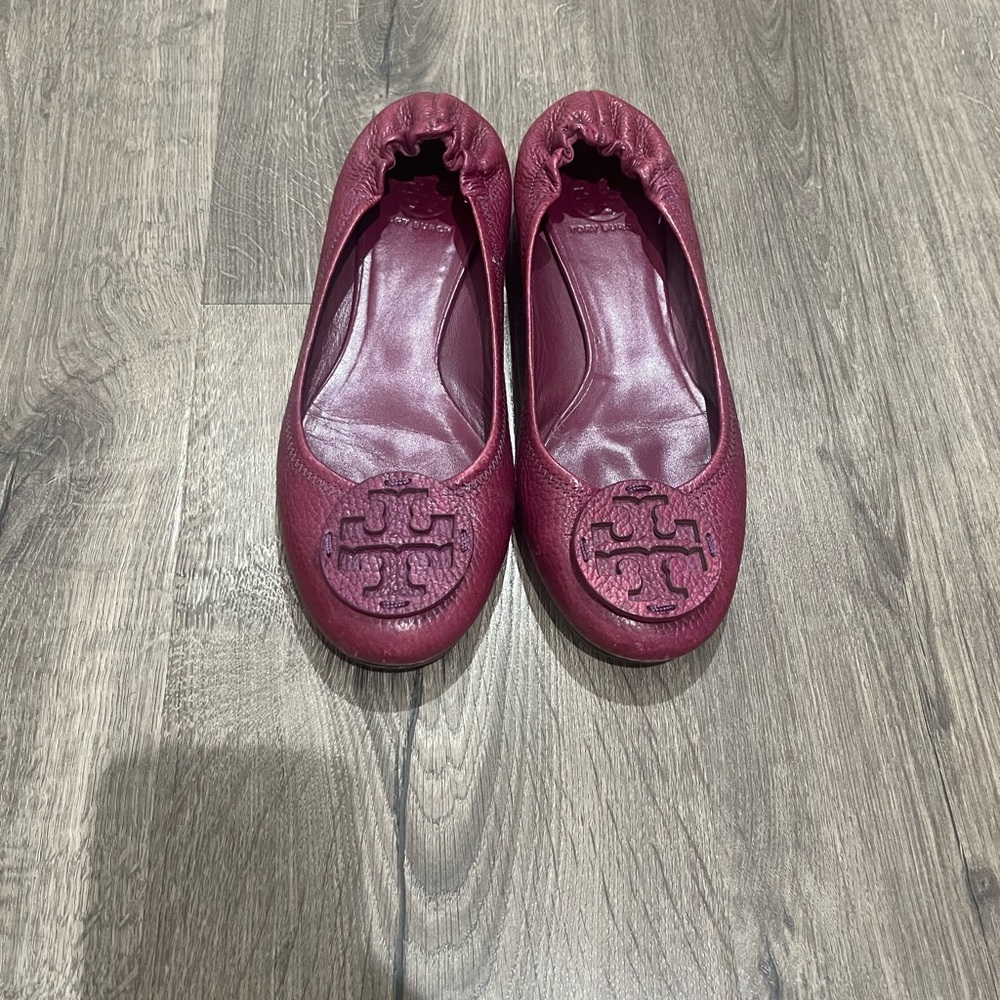 Tory Burch Wine Leather Minnie Ballet Flats